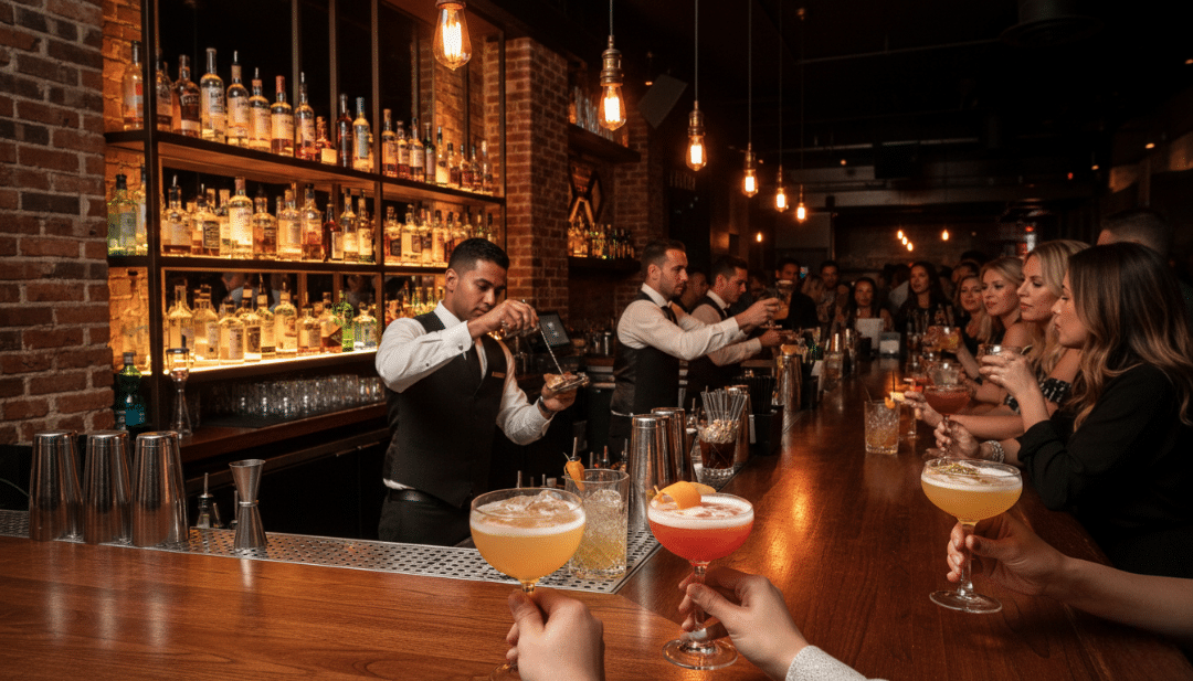 A bartender prepares a handcrafted cocktail using fresh ingredients during a lively downtown Gaslamp nightlife evening.