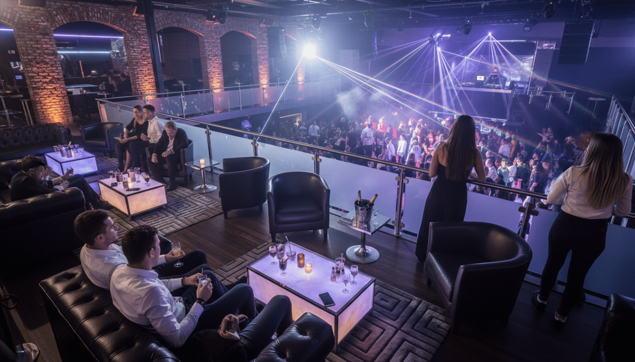 Friends celebrating at a private table with bottle sparklers in a downtown San Diego nightclub surrounded by vibrant nightlife energy.