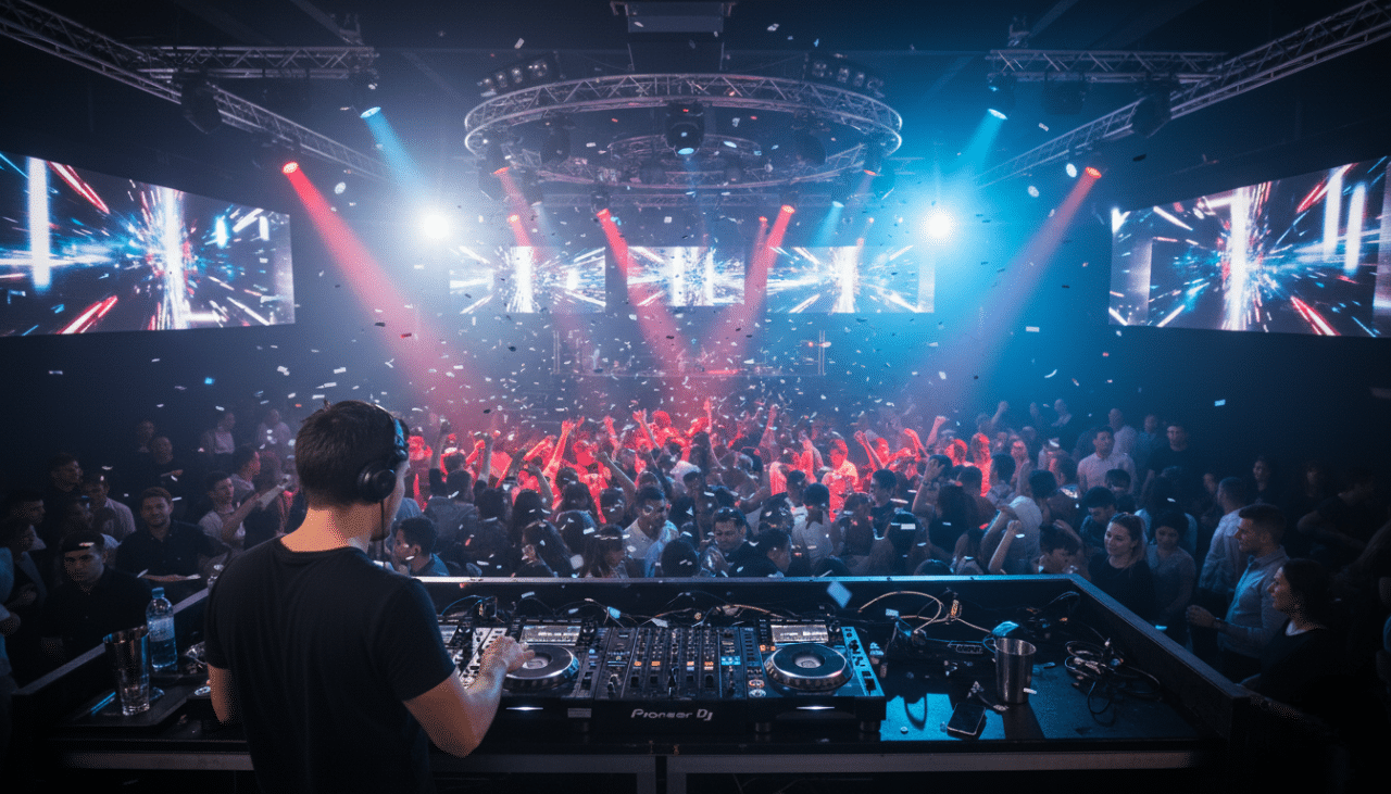 A live DJ performance driving energy inside a downtown San Diego nightlife venue.