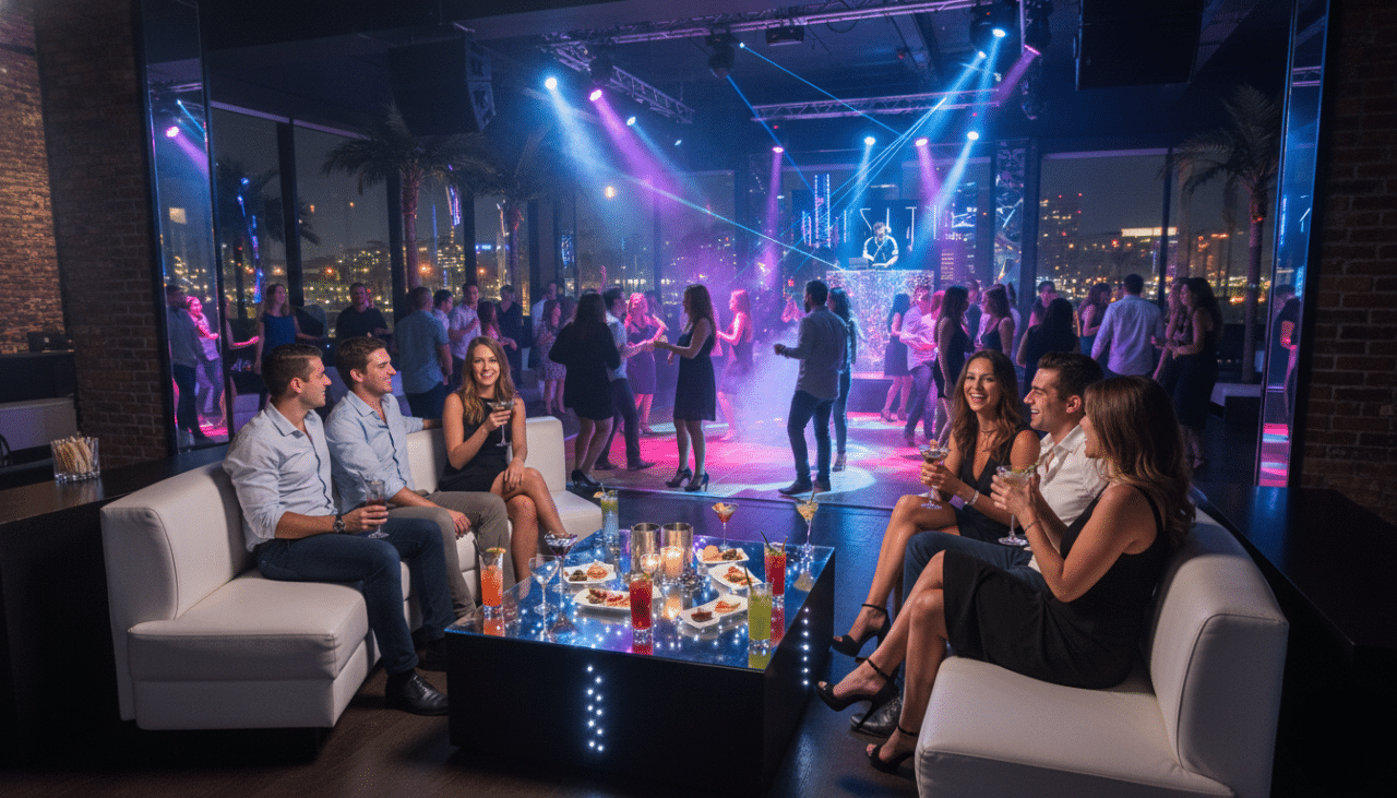 A group enjoying an elevated nightlife experience in downtown San Diego with private seating and a vibrant club atmosphere.