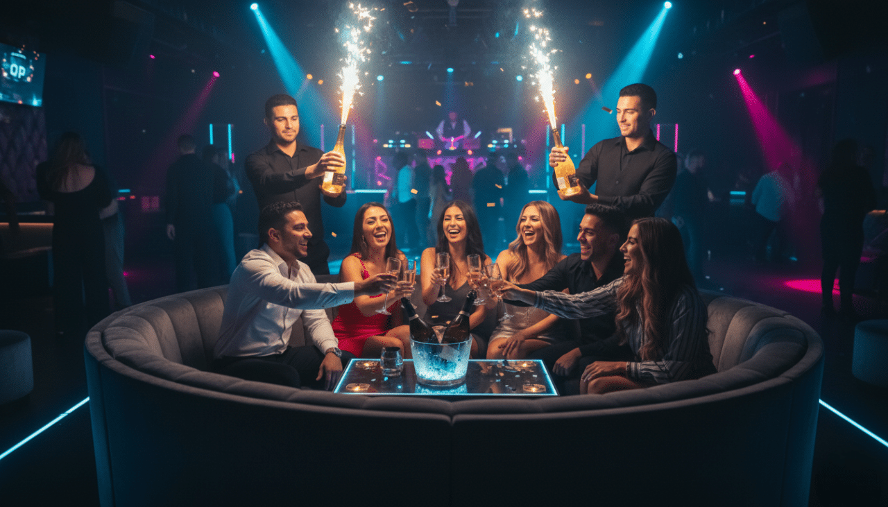 VIP guests enjoying premium bottle service during a themed nightlife experience in downtown San Diego.
