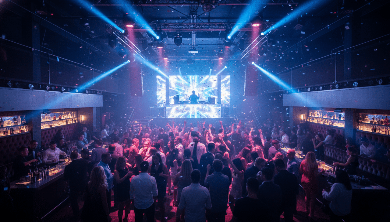 The energetic atmosphere inside a premium Gaslamp nightlife venue filled with music and motion.