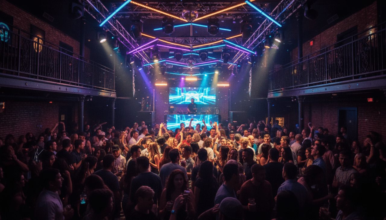 A packed dance floor inside a Gaslamp nightclub with vibrant lighting and high-energy party vibes.