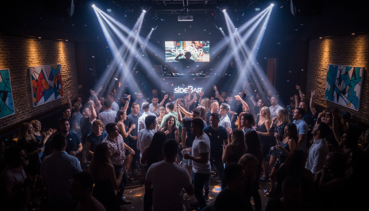 A DJ performing in a Gaslamp nightclub with LED visuals and an energized crowd responding to the music.