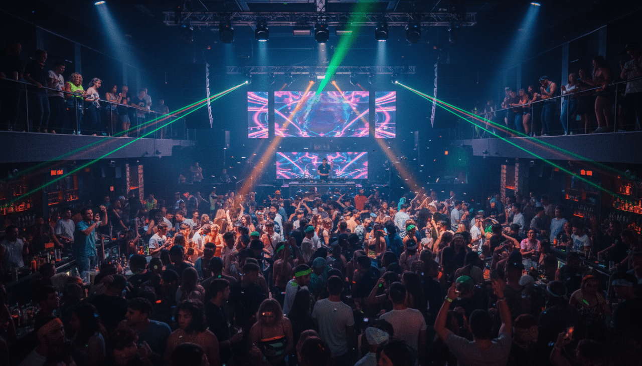 A vibrant downtown Gaslamp nightclub filled with festival crowds celebrating late into the night with music, lights, and energy.