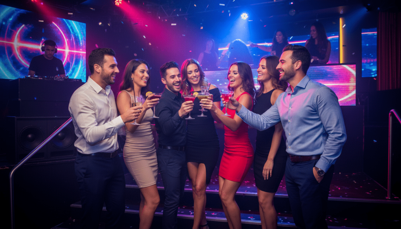 A lively group enjoying a premium nightlife experience in San Diego’s Gaslamp Quarter surrounded by music and vibrant lighting.