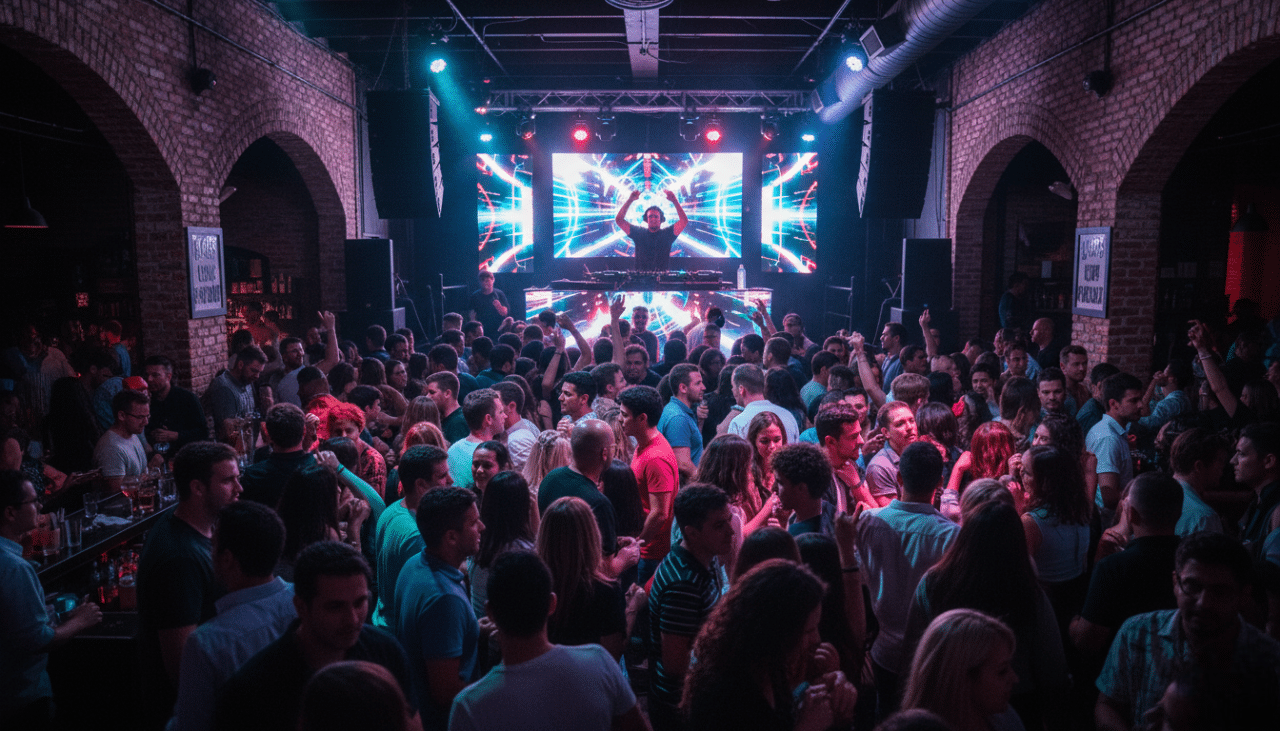 A lively Gaslamp nightclub scene after midnight with music, lighting, and an energized crowd enjoying the night together.