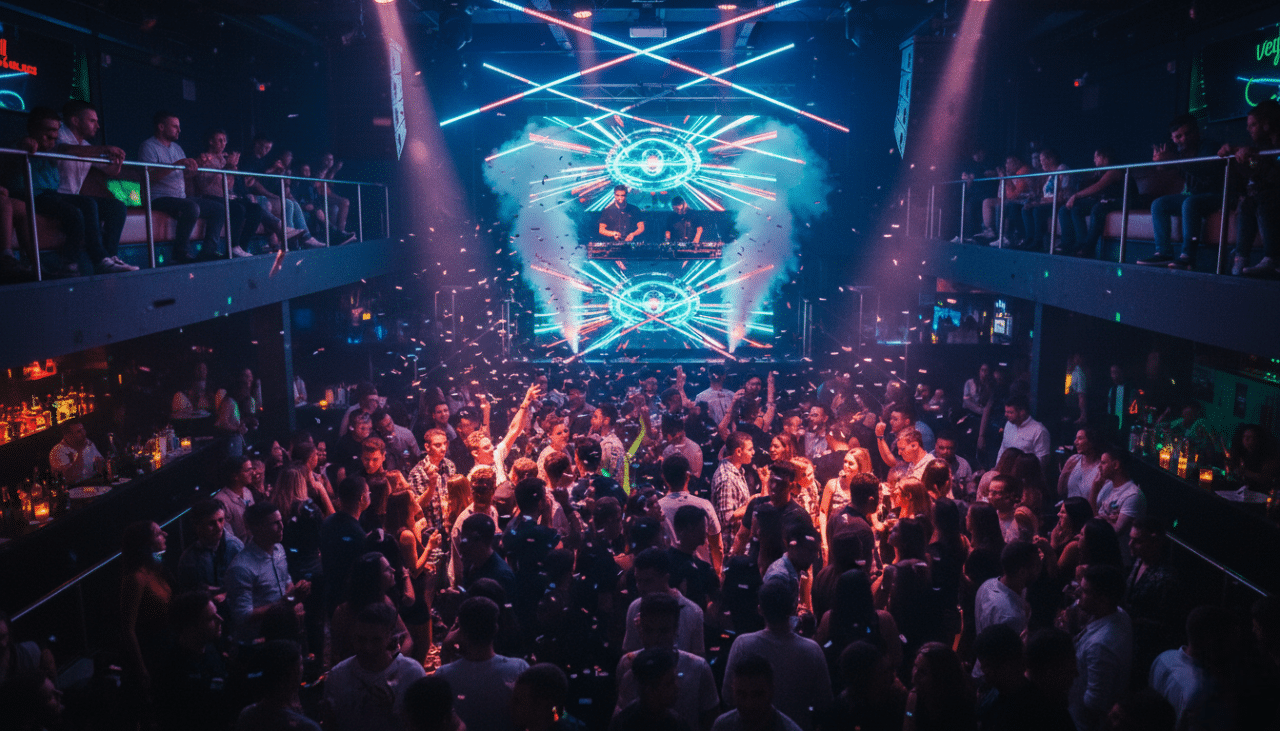 A high energy nightclub scene inside a Gaslamp Quarter venue filled with dancing guests and immersive lighting.