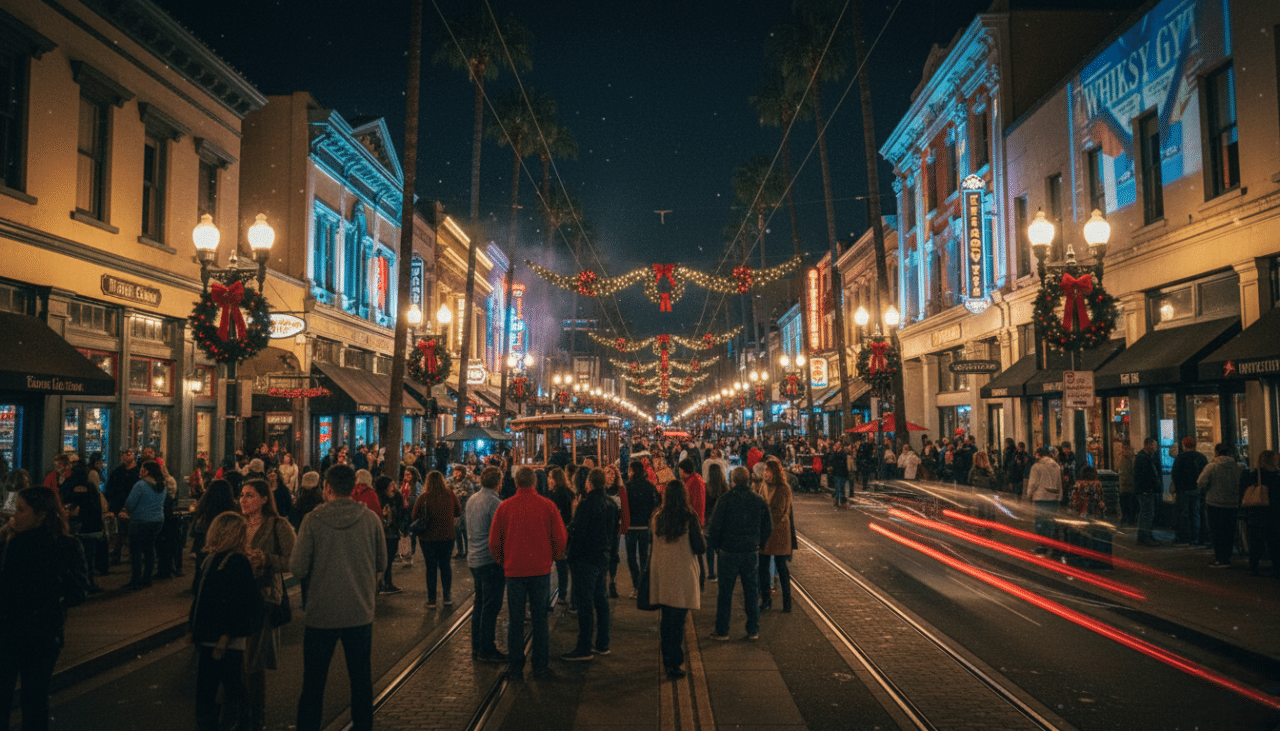The Gaslamp Quarter illuminated at night during peak holiday celebrations in downtown San Diego.