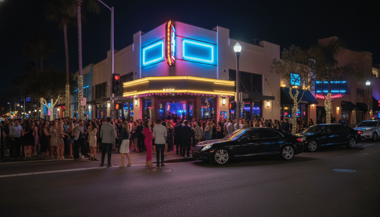 The lively Gaslamp Quarter at night with crowds heading into downtown San Diego nightlife venues for private and group celebrations.