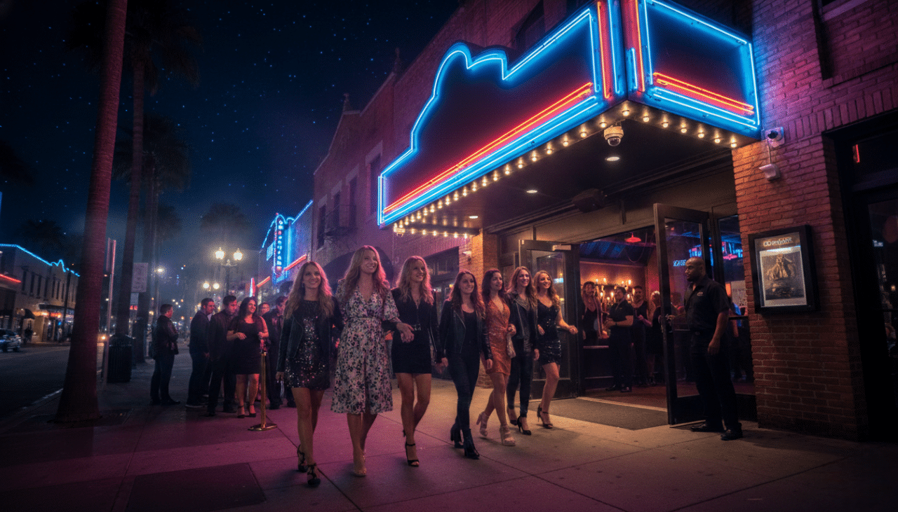 A group of guests entering a busy San Diego Downtown Gaslamp nightclub with confidence and excitement.