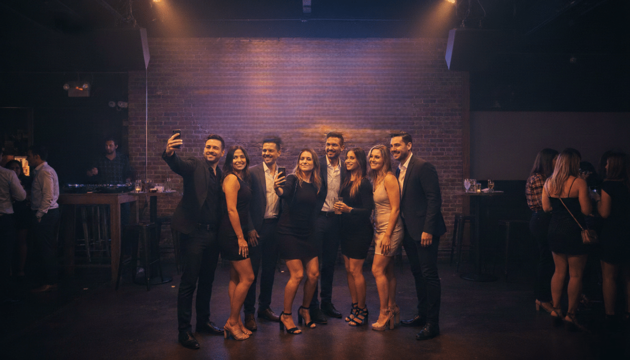 A group of well dressed guests capturing a photo moment inside a Gaslamp Quarter nightclub during a high energy nightlife event.