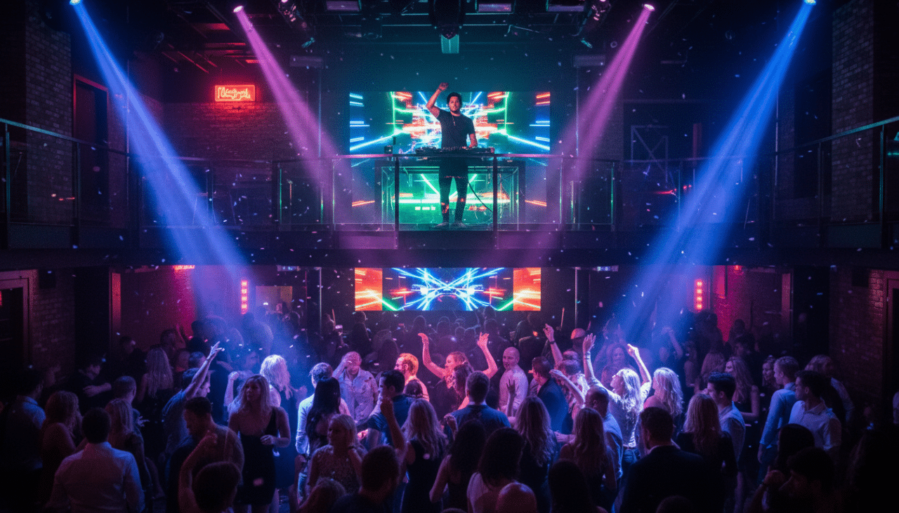 A DJ performing above a lively dance floor during a private group event inside a San Diego Downtown Gaslamp nightclub.