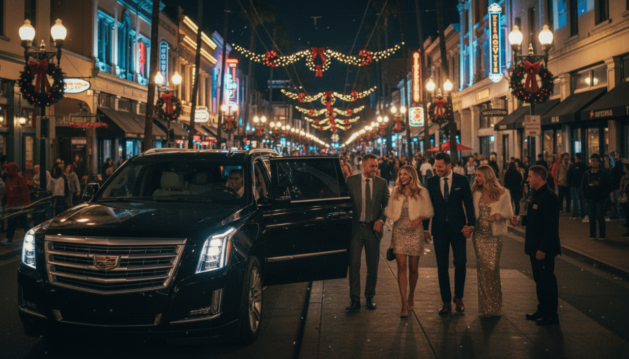 Guests arriving in downtown San Diego for a holiday nightlife experience using complimentary transportation.