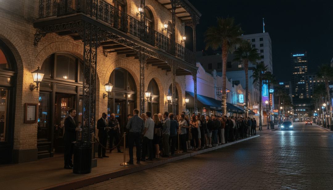 A Gaslamp nightlife venue at night with guests arriving and city lights creating an energetic downtown feel.
