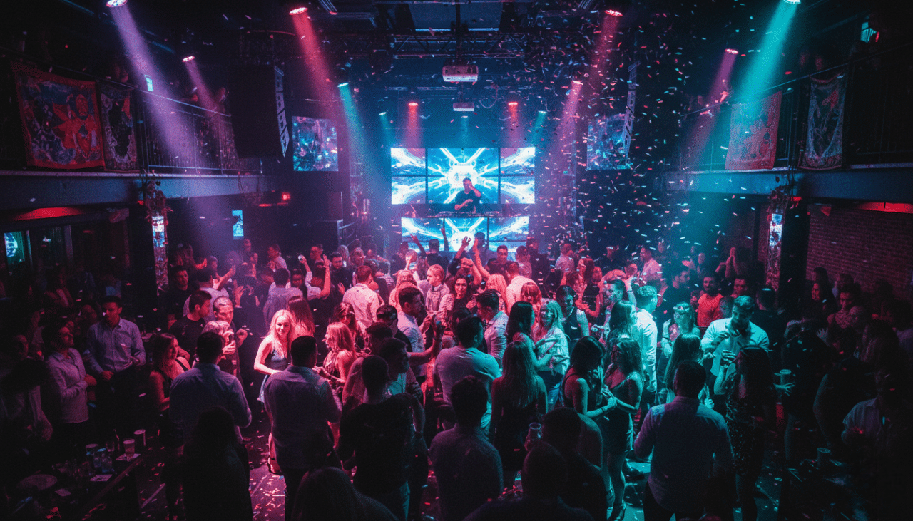 A vibrant themed party night in the Gaslamp Quarter with guests dancing under dynamic lighting and immersive visuals.