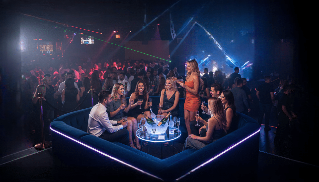 A luxury VIP booth inside a Gaslamp nightclub with premium bottles, LED lighting, and a high energy crowd creating an exclusive nightlife atmosphere.