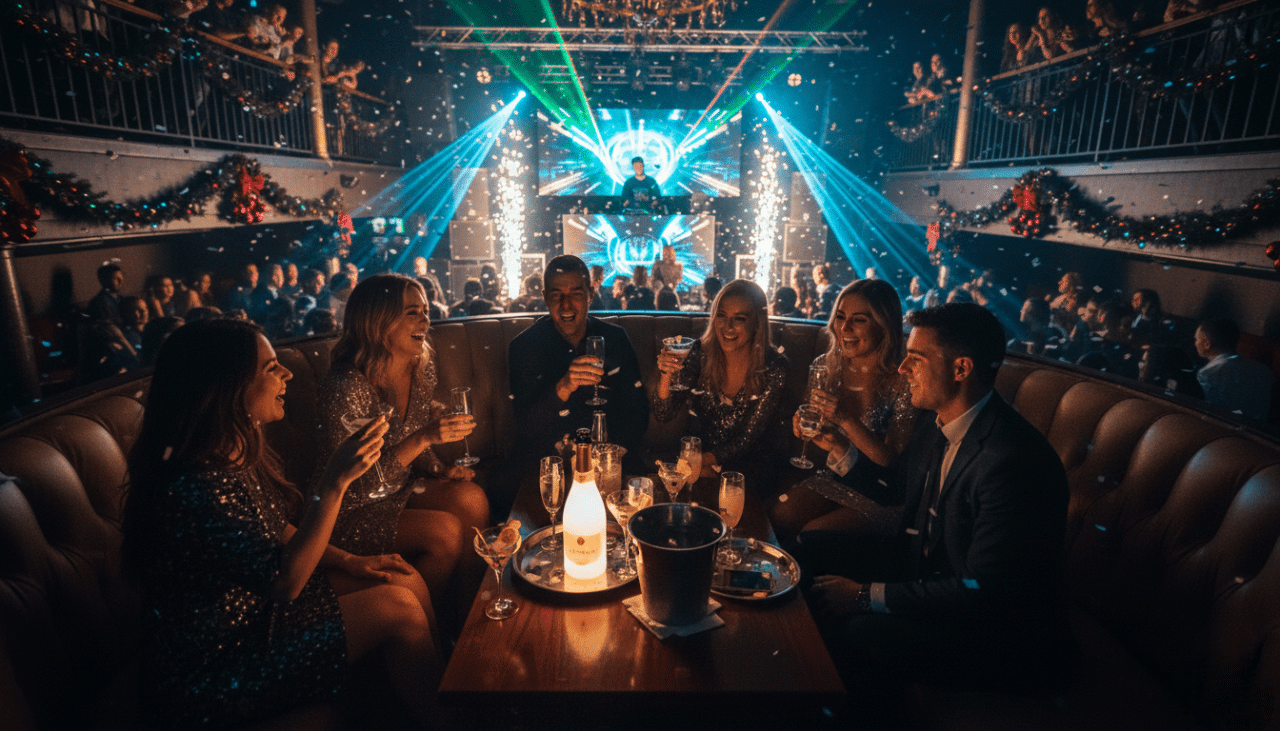 VIP bottle service and private seating during a premium holiday party in San Diego nightlife.