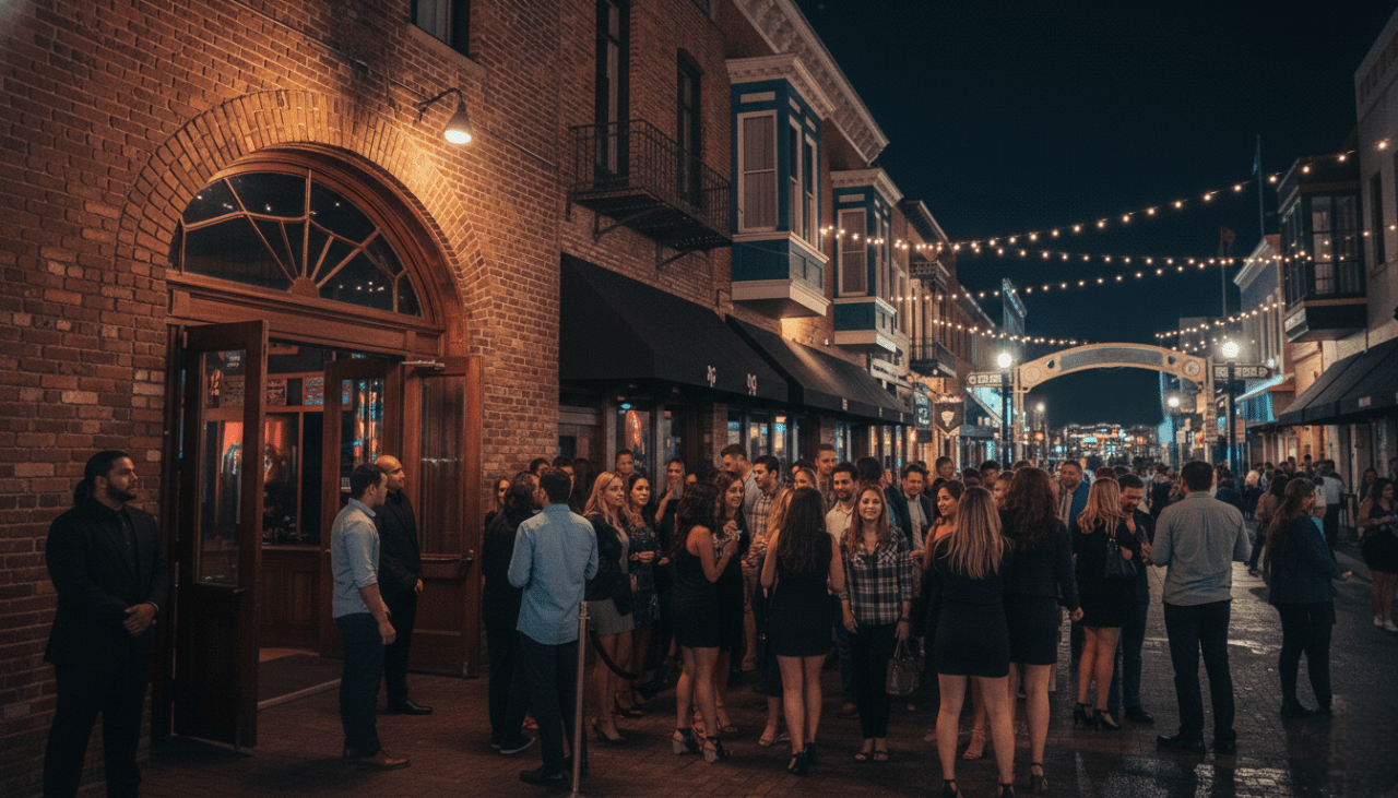 A premium VIP lounge overlooking a busy dance floor in a downtown San Diego nightclub.