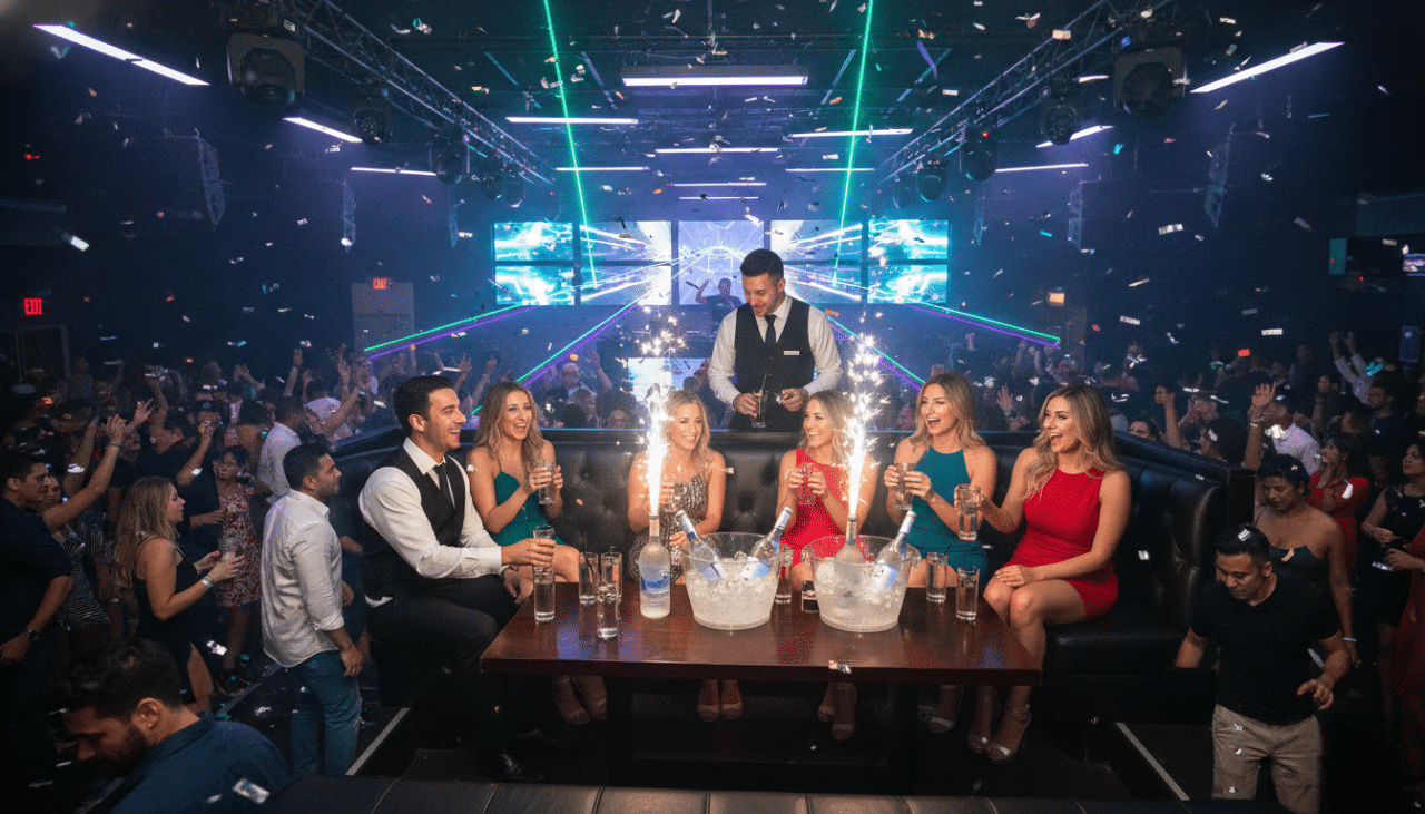 A premium VIP table experience overlooking a vibrant Gaslamp nightlife crowd with bottle service and lounge seating.