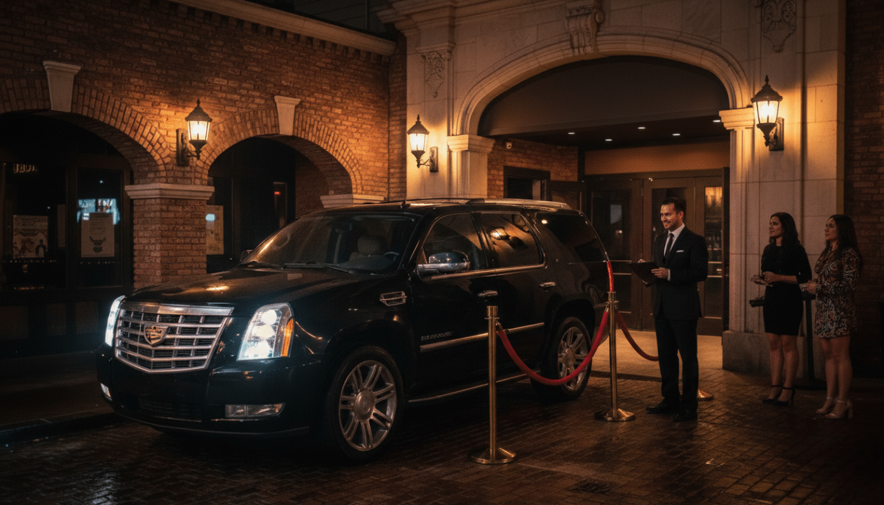 A luxury SUV arriving outside a premium San Diego Gaslamp nightclub with a velvet rope entrance and VIP doorman welcoming guests.