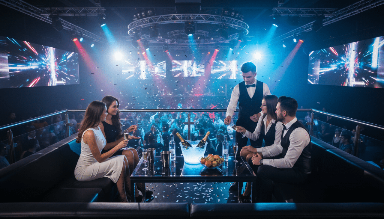 VIP table service experience overlooking an energetic dance floor in a Gaslamp nightlife venue.