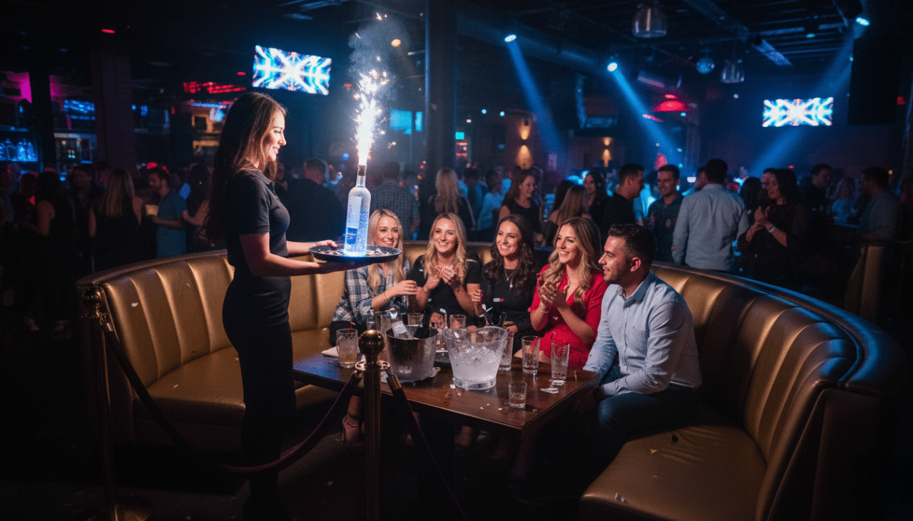 VIP table service inside a Gaslamp nightclub featuring premium bottles, low lighting, and a sophisticated nightlife atmosphere.
