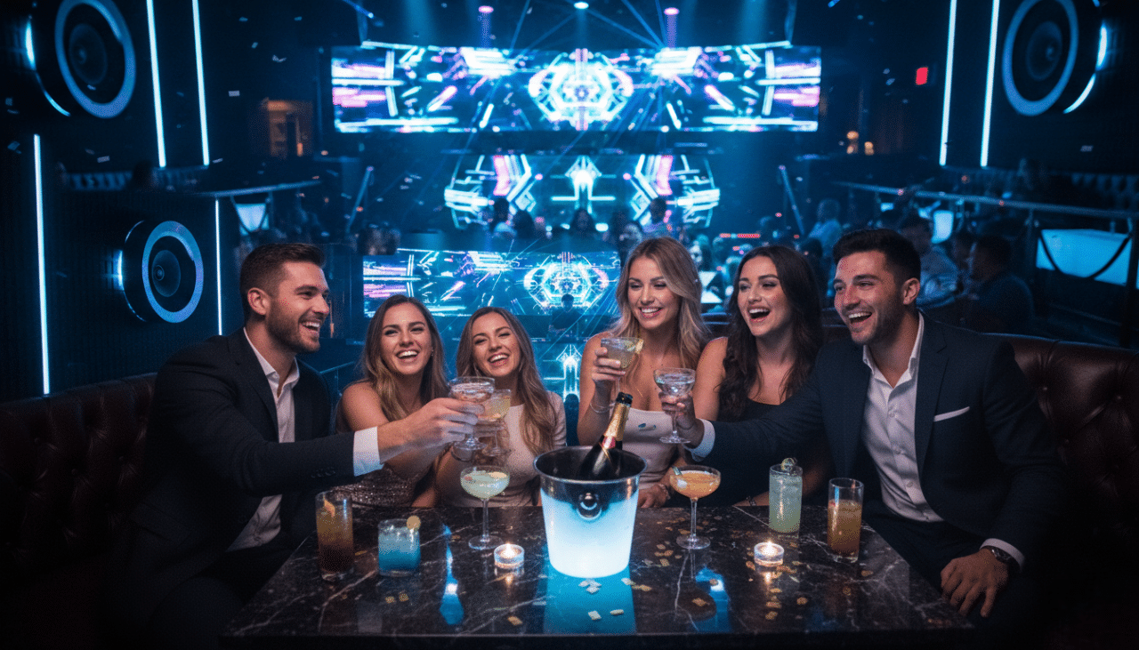 A VIP group enjoying bottle service and premium cocktails at a high energy San Diego nightclub.