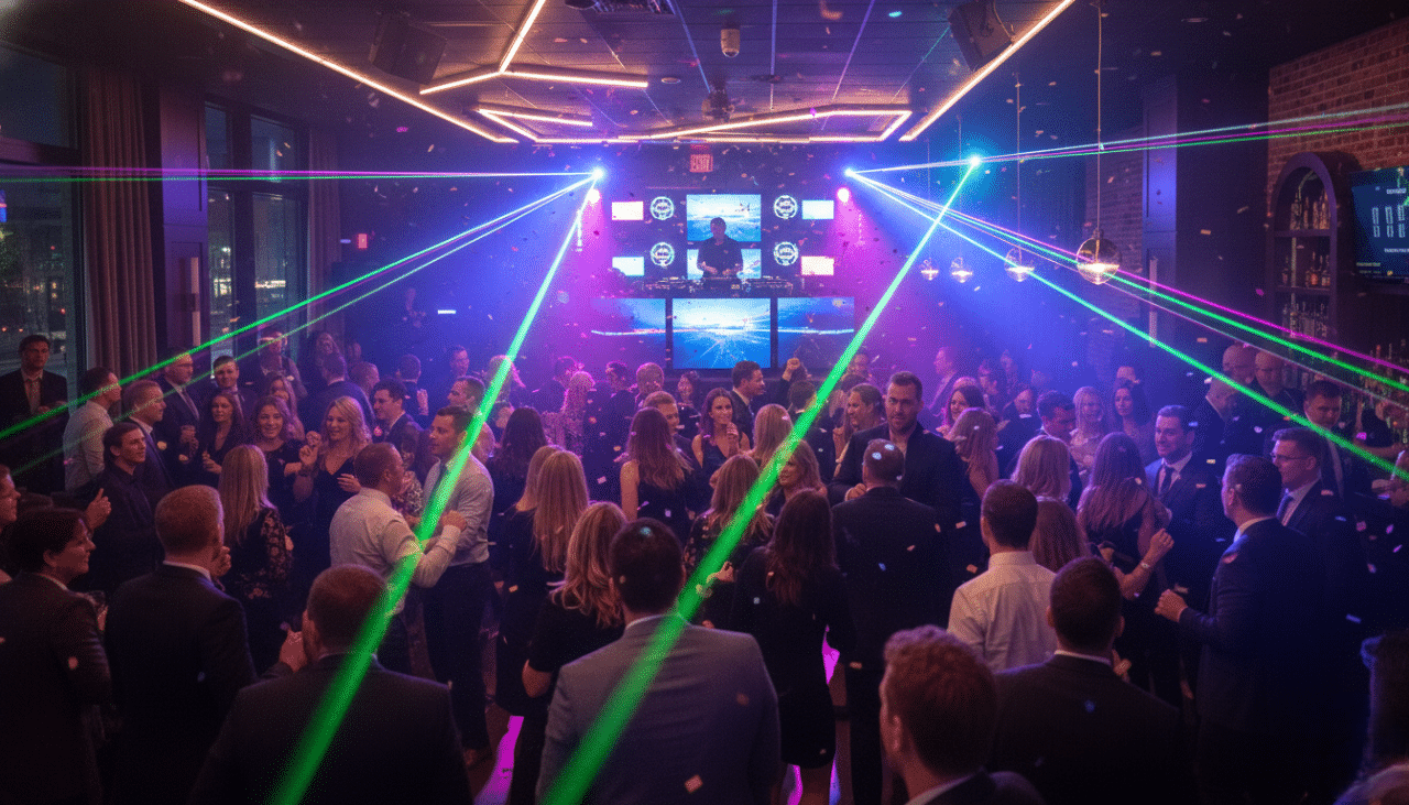 A lively dance floor moment during a company hosted nightlife event, highlighting music, lighting, and a high energy crowd.