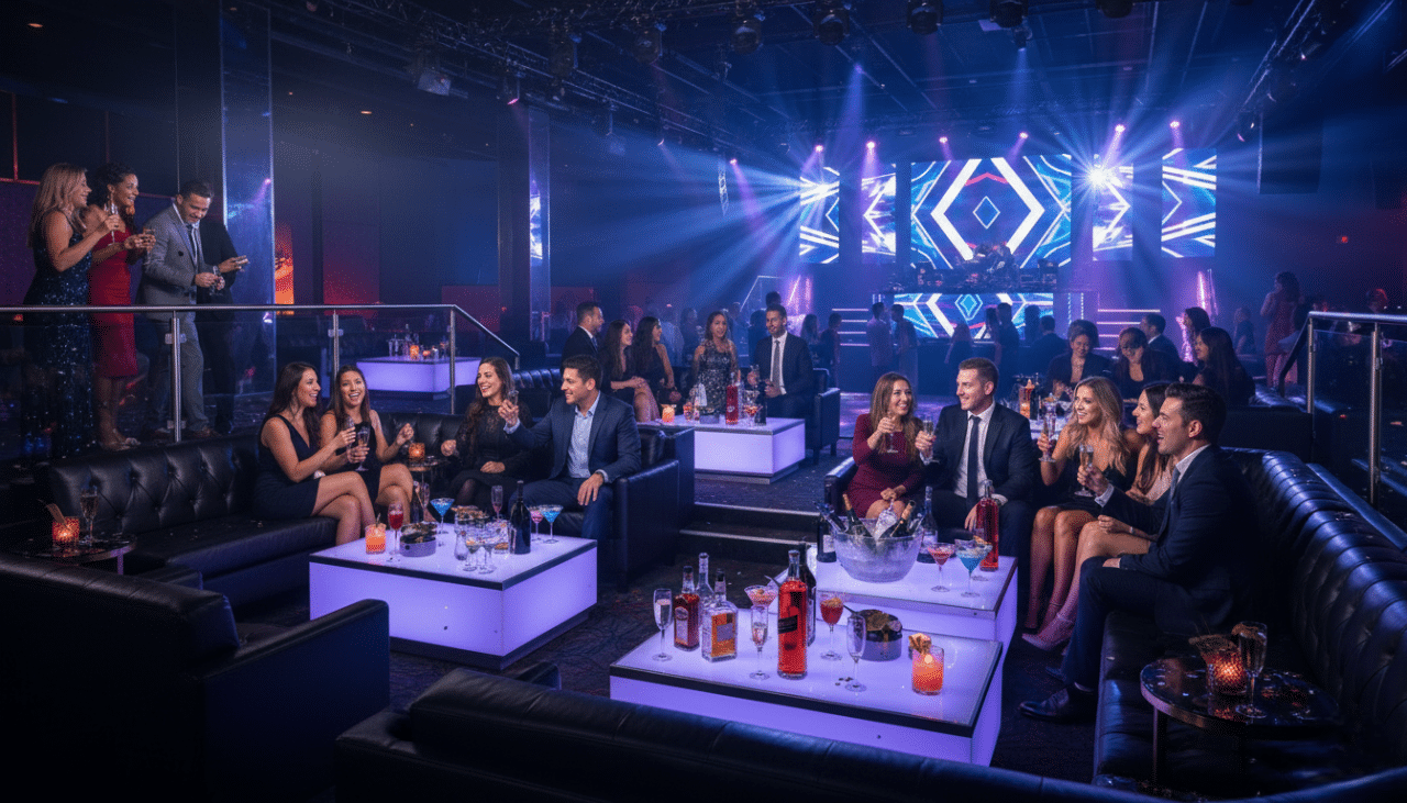 Bottle service being delivered to a VIP table during a private nightlife event in San Diego Downtown Gaslamp.
