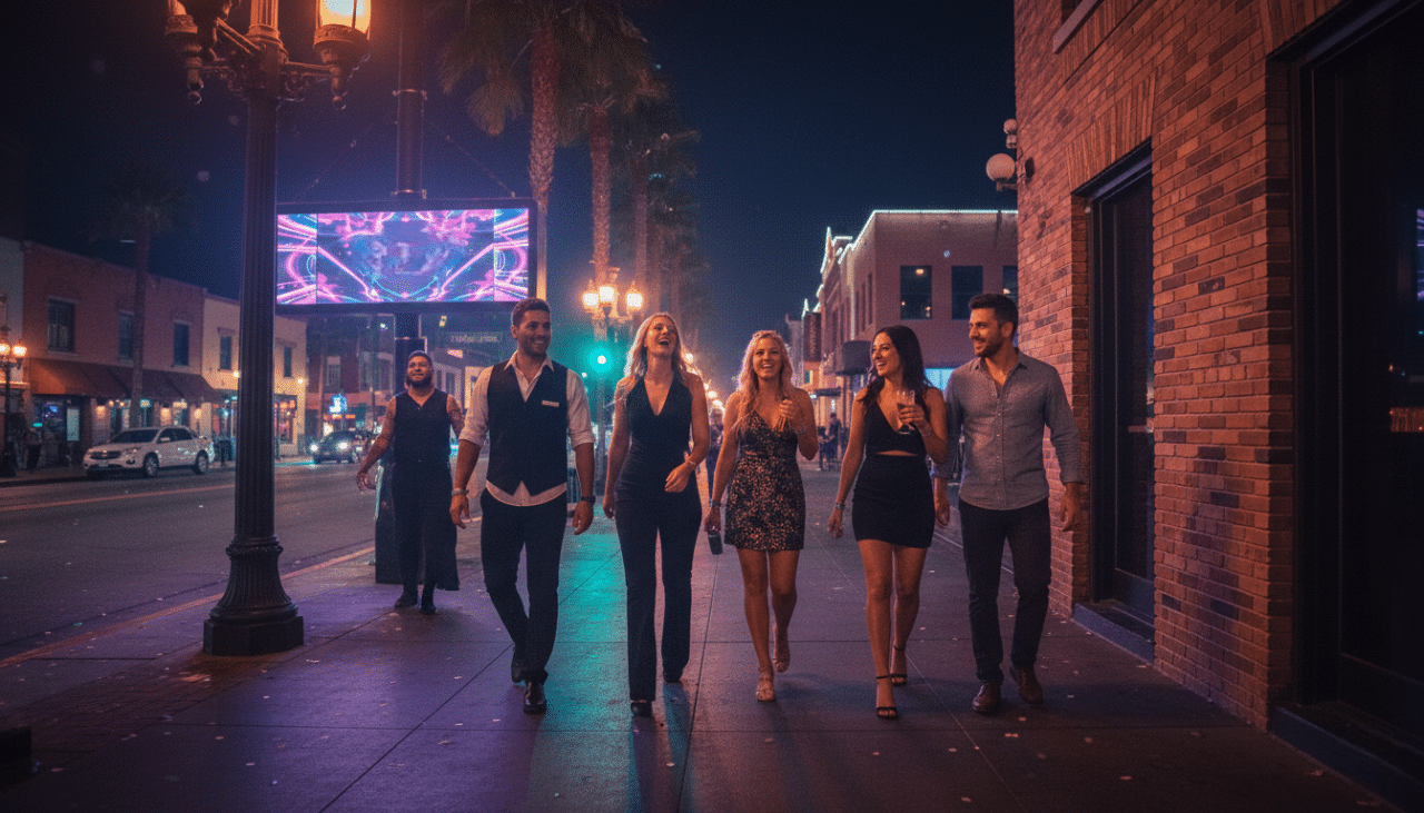 Guests arriving together at a downtown San Diego Gaslamp nightclub ready to continue the night after a festival.