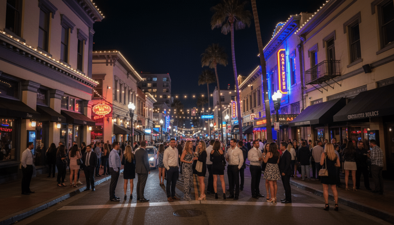 Guests arriving for nightlife in San Diego Downtown Gaslamp with city lights and club entrances glowing at night.