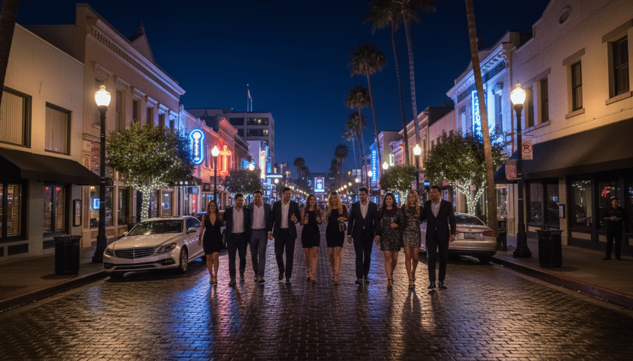 Guests arriving for a premium nightlife experience in San Diego Downtown Gaslamp during a celebratory evening.