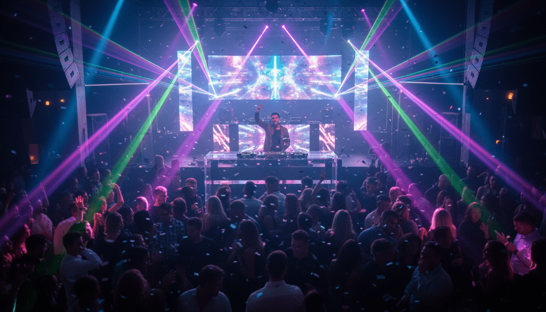 A DJ performing pop music in a San Diego nightclub while the crowd dances under dynamic lighting.