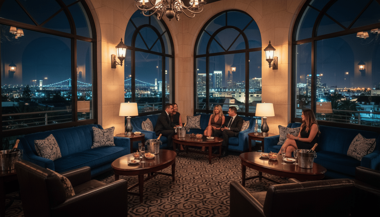 An upscale VIP lounge inside a San Diego nightclub with plush seating, bottle service, and city lights creating a luxury nightlife atmosphere.