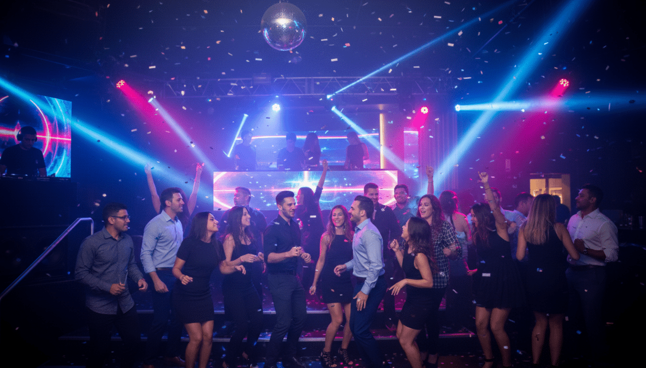 Guests dancing together on a packed dance floor in a Gaslamp nightclub designed for group nightlife experiences.