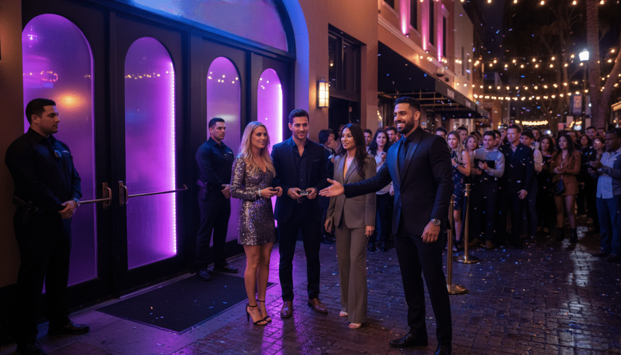 A group of friends arriving together using complimentary transportation for a smooth night out in the Gaslamp Quarter.