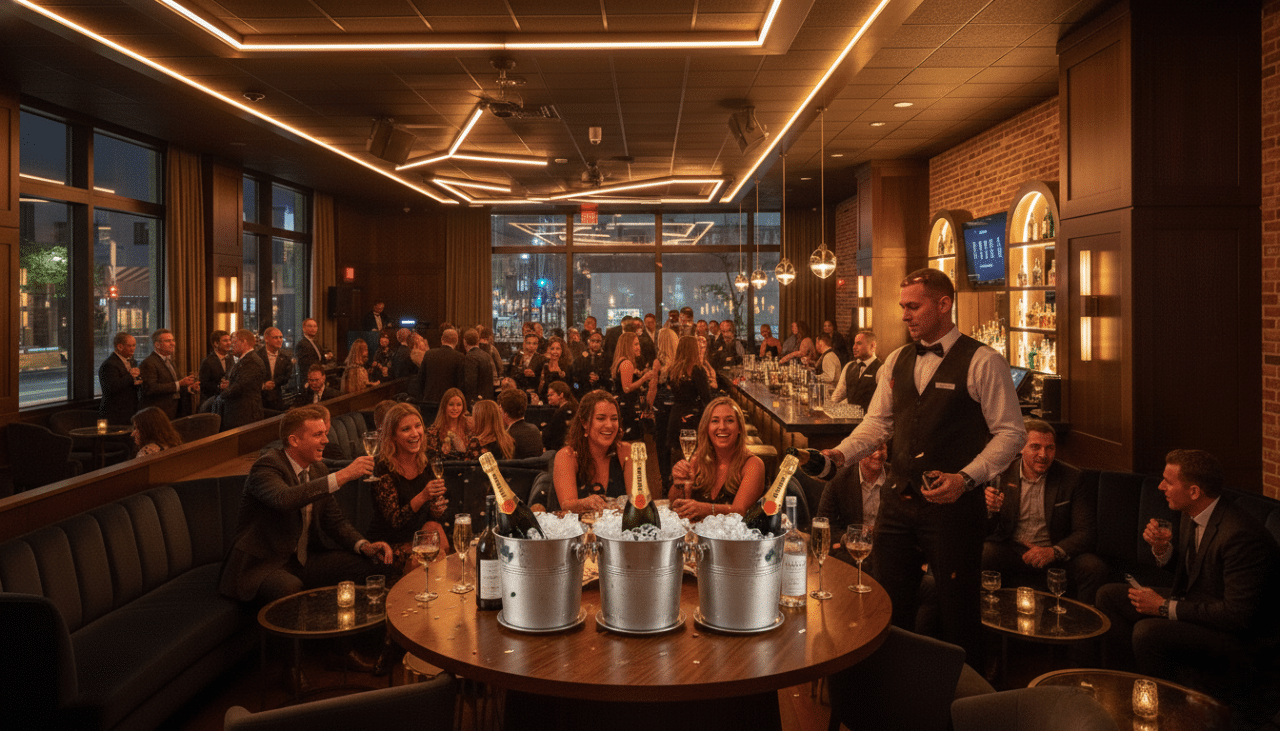 A VIP table setup inside a downtown nightclub showcasing premium service for a company celebration. The setting emphasizes exclusivity and comfort.
