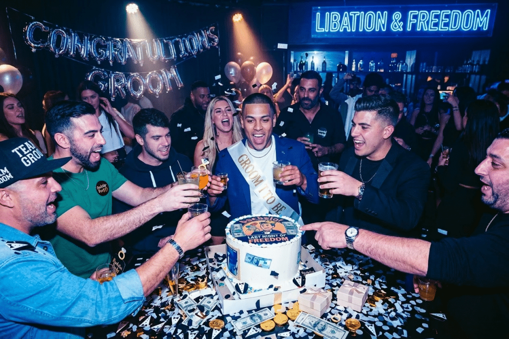 A group of friends experiencing the best of Downtown Gaslamp nightlife with premium venues, stylish surroundings, and unforgettable party energy. The image reflects a luxury bachelor celebration in San Diego.