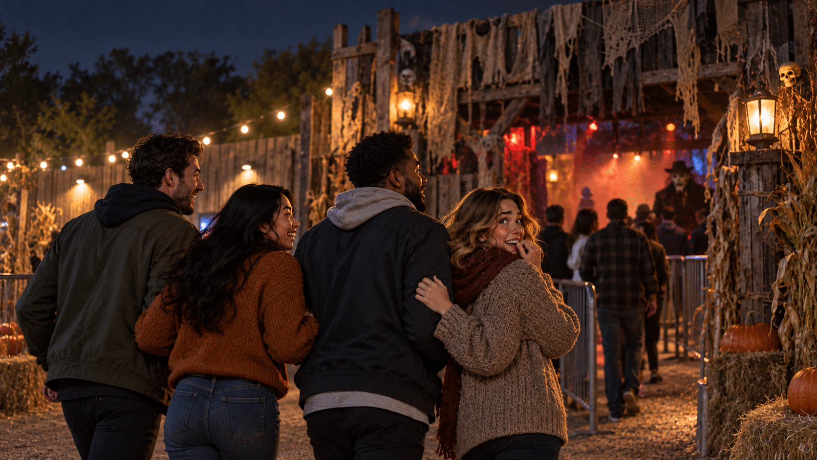 Four friends approach a Halloween haunt entrance decorated with lanterns, pumpkins and cobwebs.
