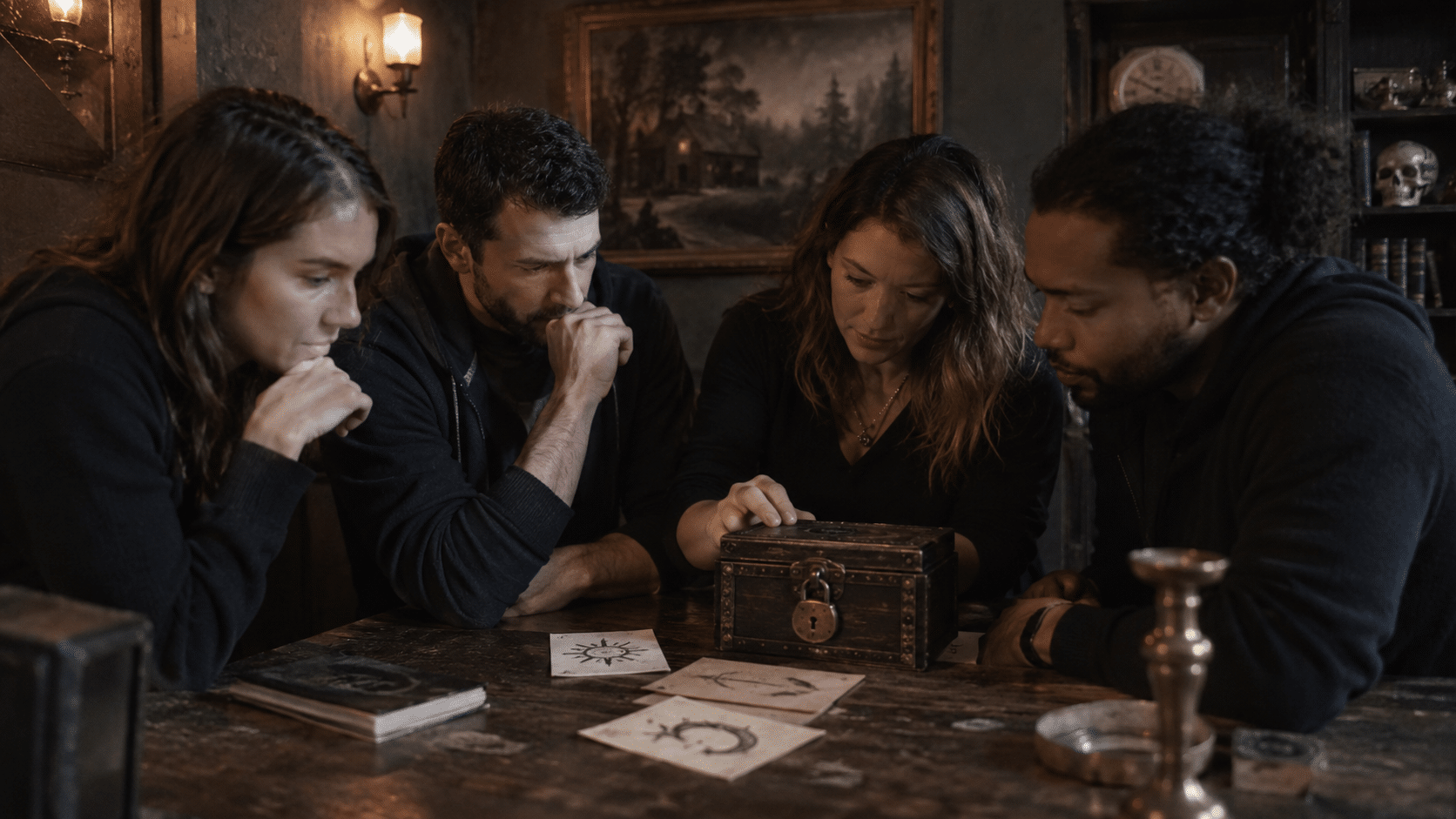 Four friends studying clues around a wooden table in a dimly lit escape room.