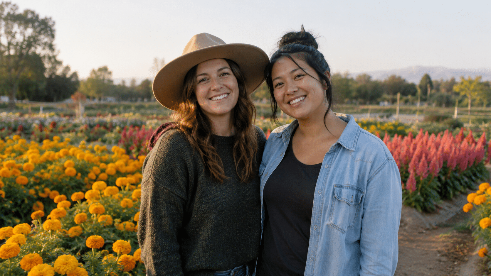 Two friends posing beside orange marigolds and pink celosia flowers in afternoon light.