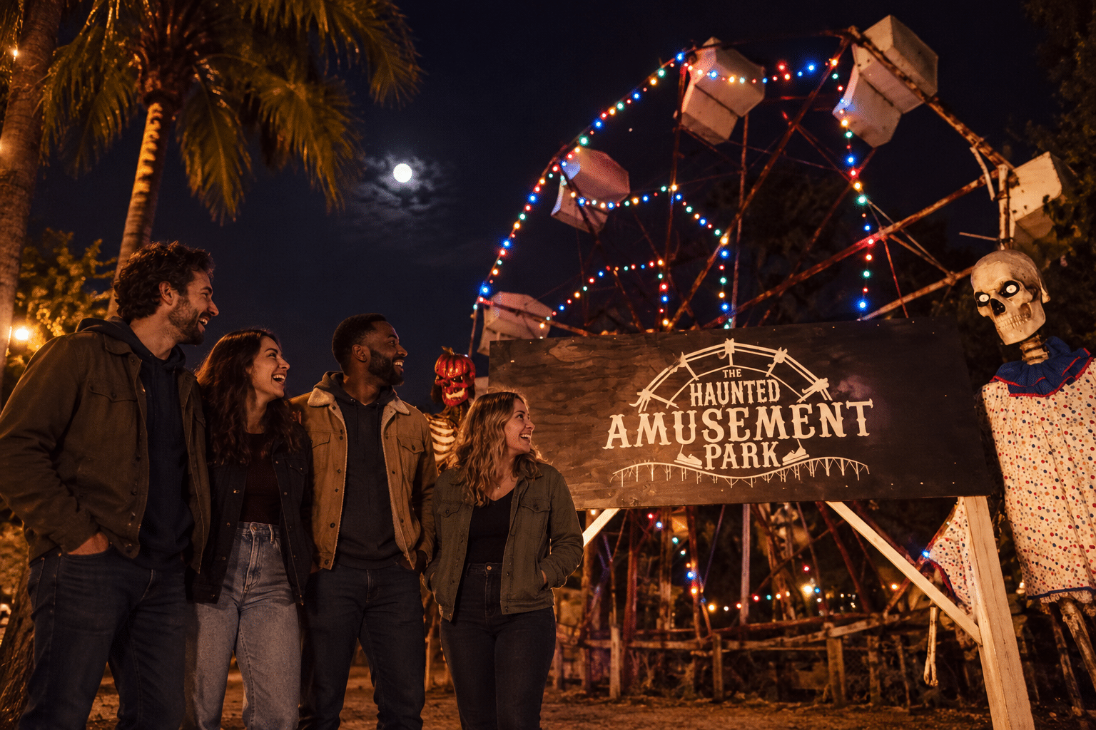 Four friends beside The Haunted Amusement Park sign and an illuminated Ferris wheel at night.