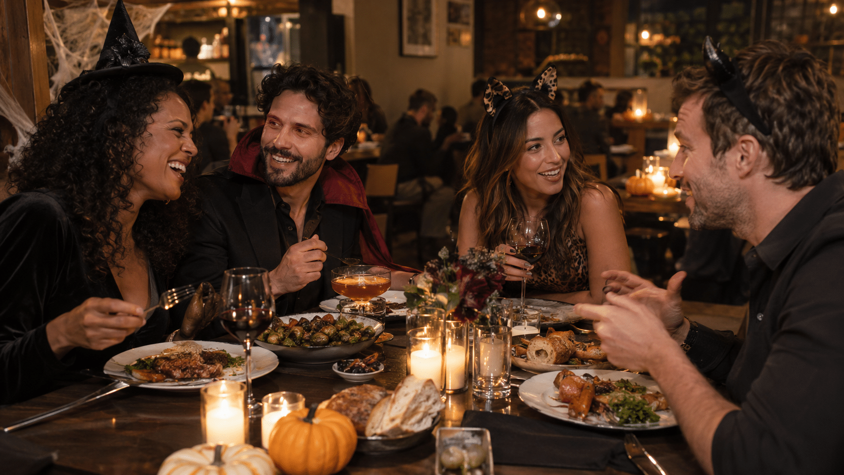 Friends share dinner around a candlelit table decorated with small pumpkins and Halloween accents.