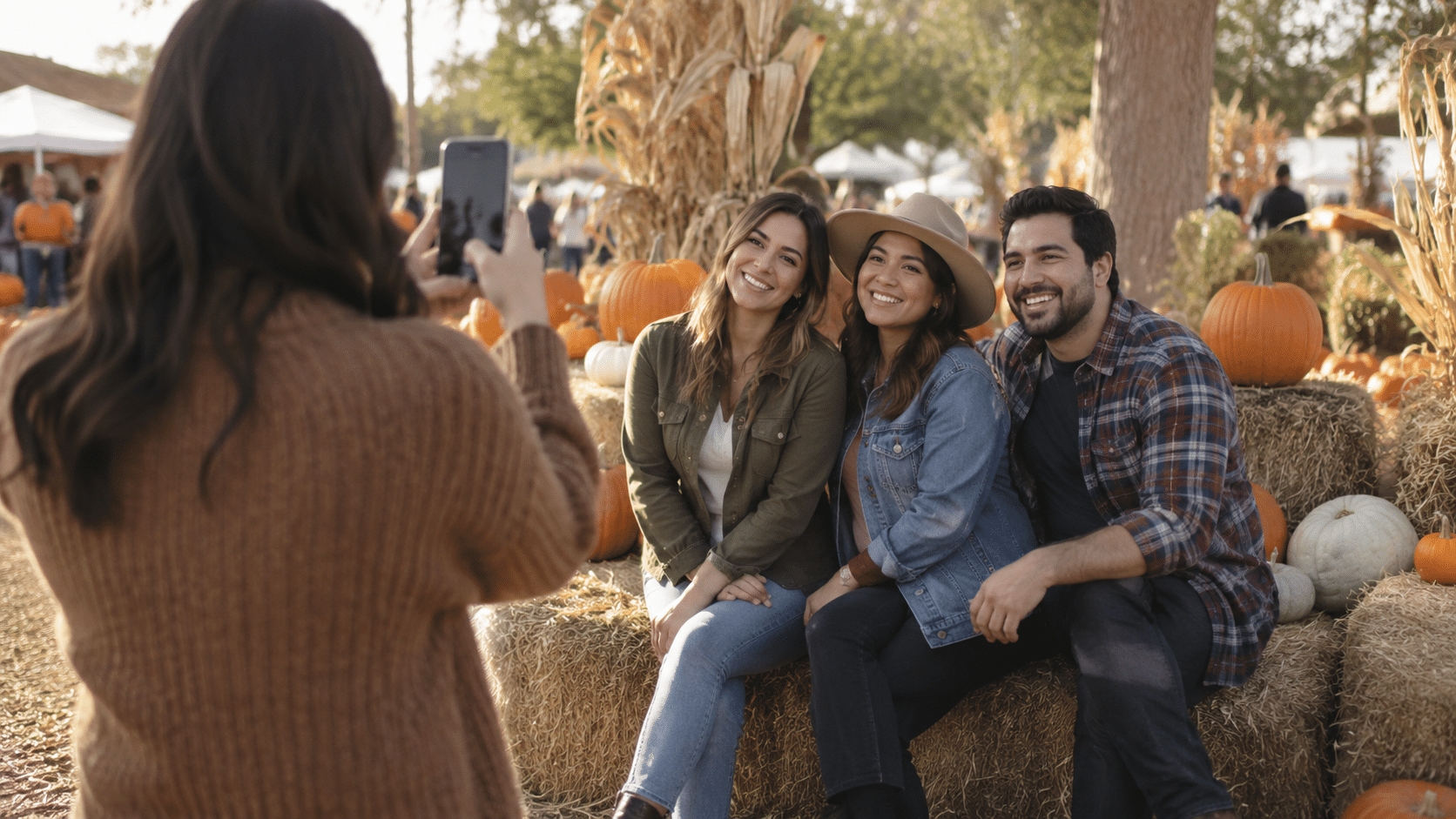Three friends posing beside pumpkins and hay bales while another friend takes their photo.