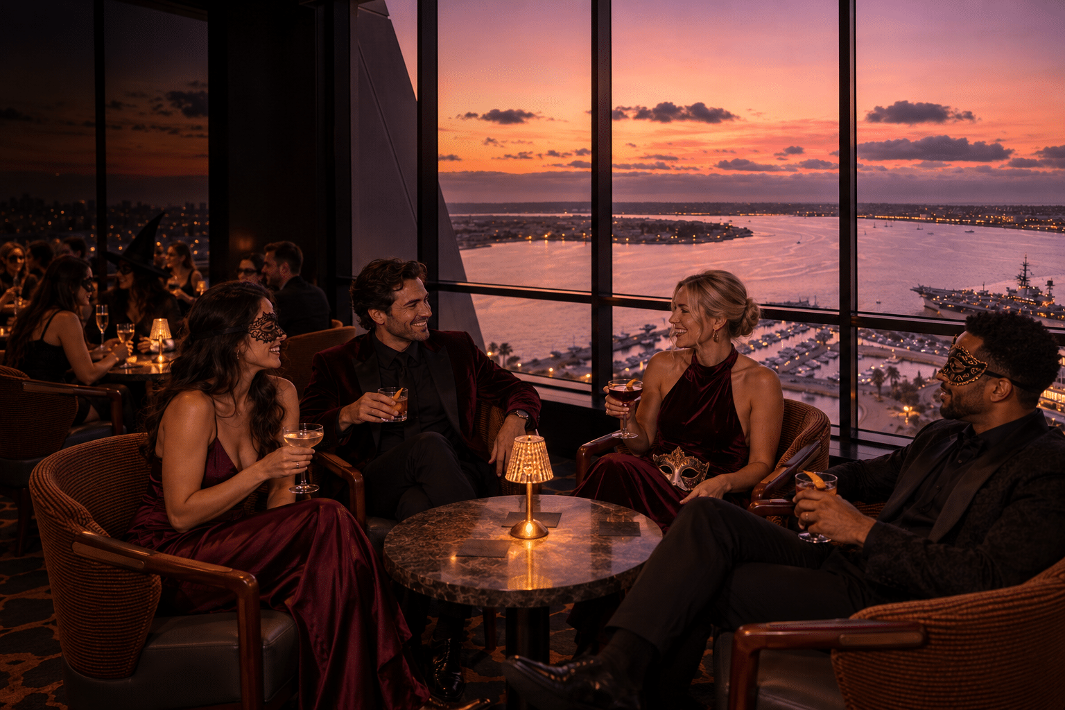 Four adults with masquerade masks sit beside tall windows overlooking San Diego Bay at sunset.