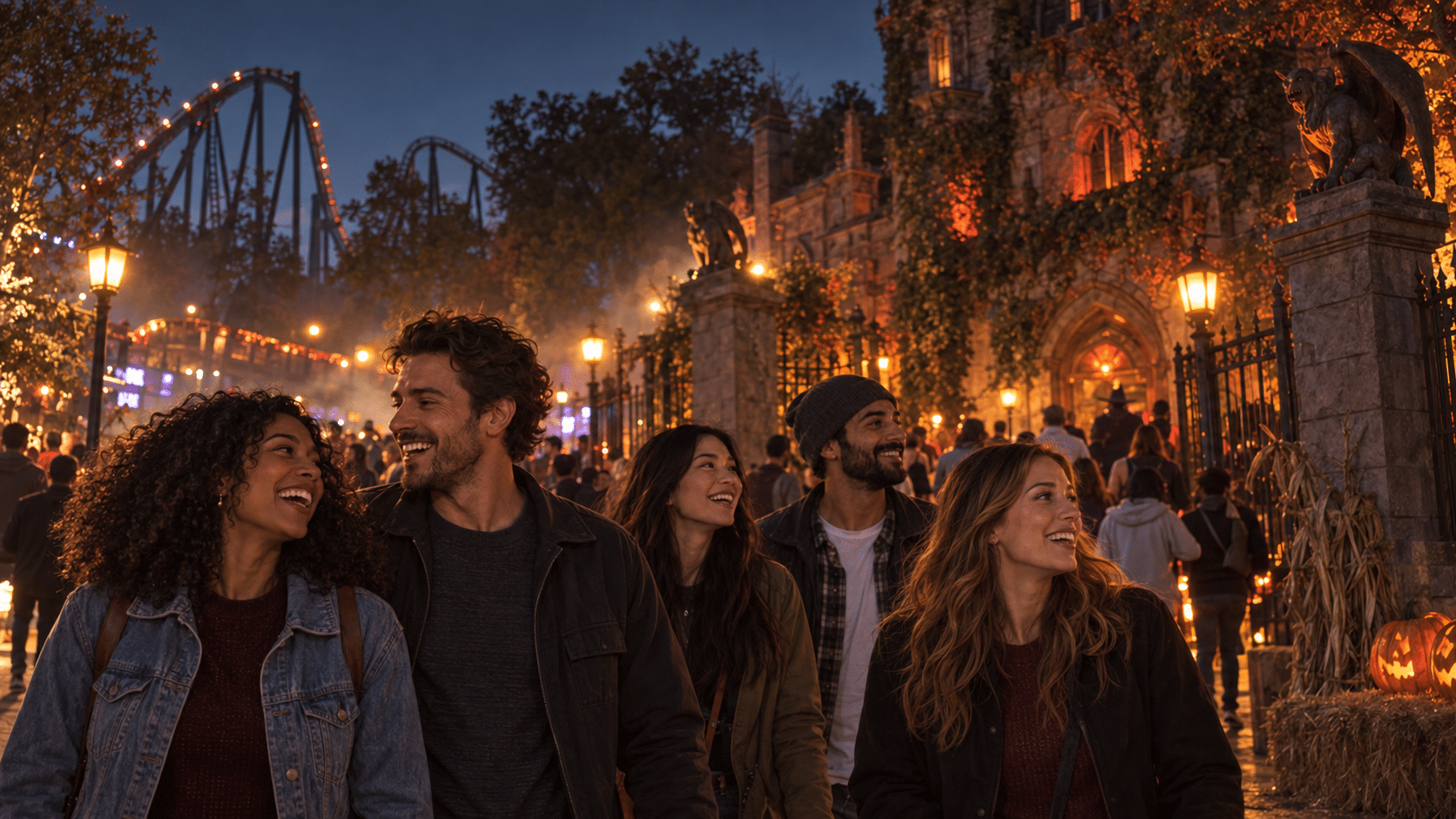 Friends gather near a haunted-house entrance with a roller coaster in the background.