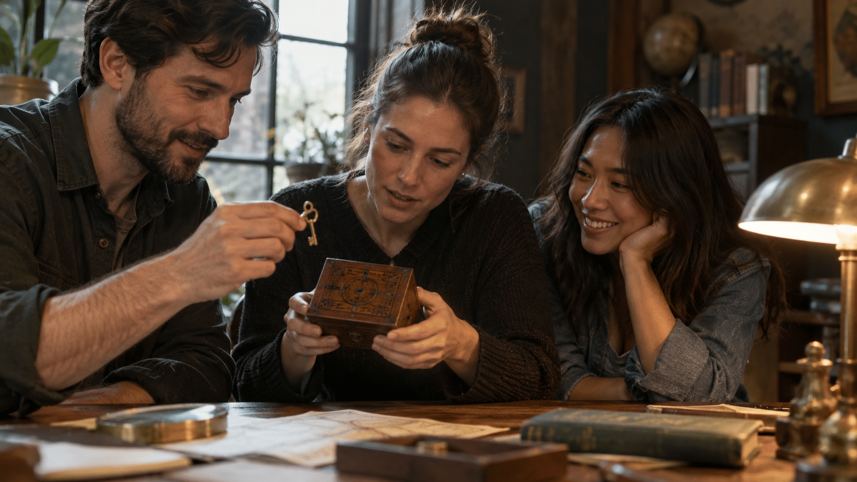 Three friends examining a brass key and a wooden puzzle box together.