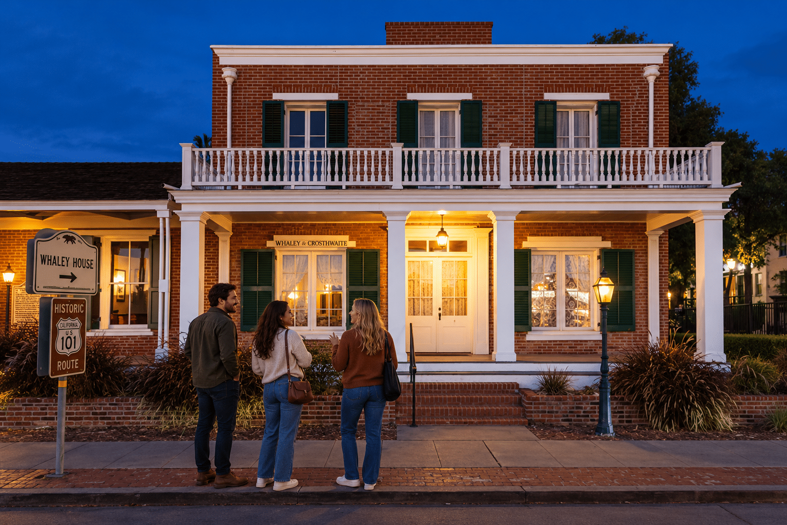 Three friends outside Whaley House’s red-brick facade and warmly lit white porch at dusk.