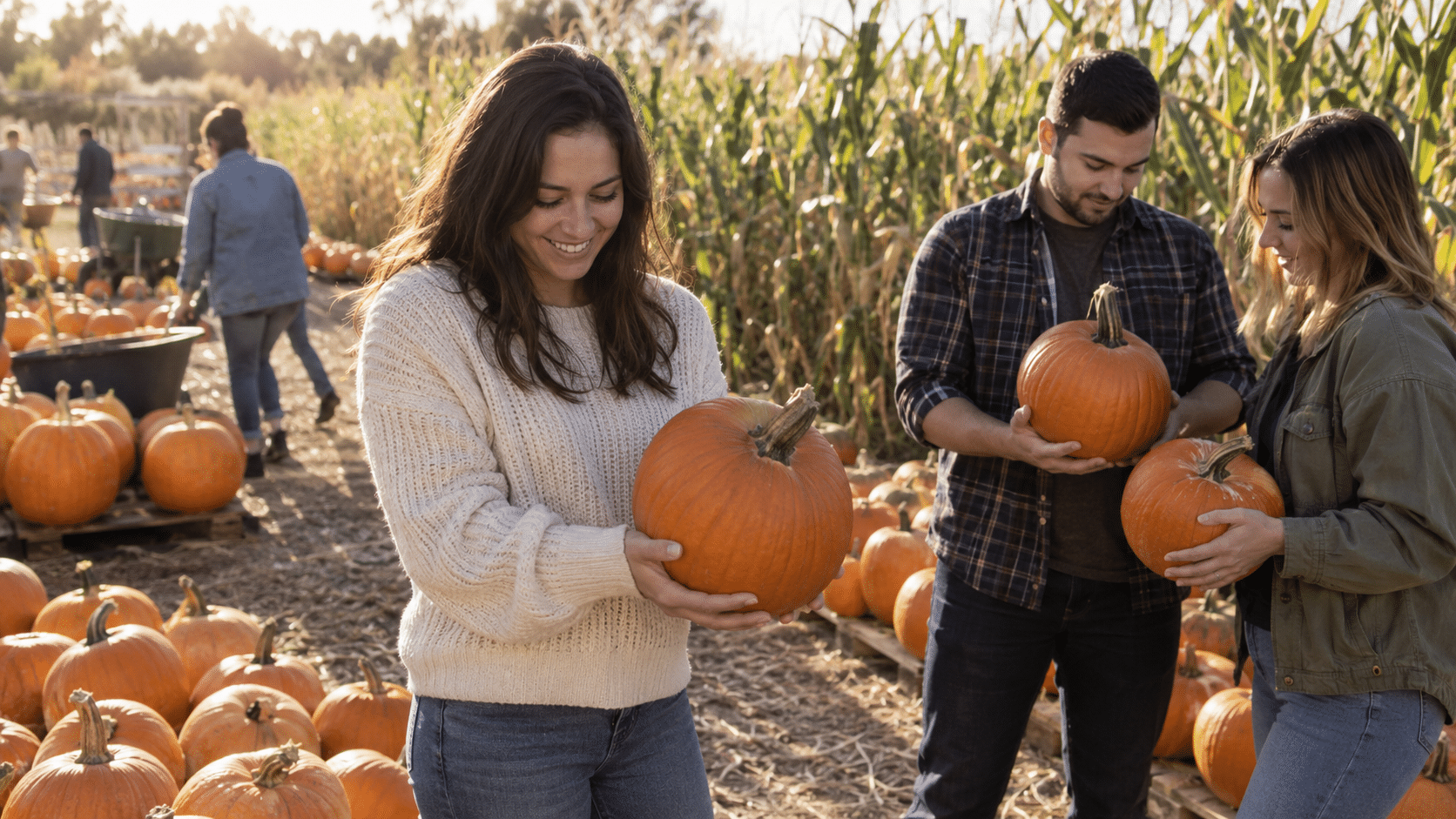 Three adult friends choosing pumpkins beside a cornfield in afternoon sunlight.